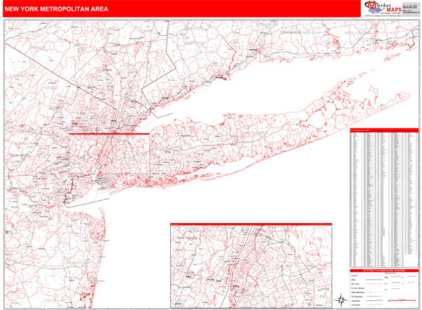 New York Metropolitan Area Metro Area Digital Map Red Line Style